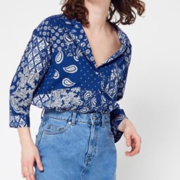 Grace & Mila Espinosa Blouse Size S Blue Print Top Cotton - Picture 2 of 12